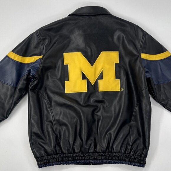 University of Michigan Bomber Jacket Mens Large Faux Leather Sewn Logo Full Zip - Picture 2 of 16